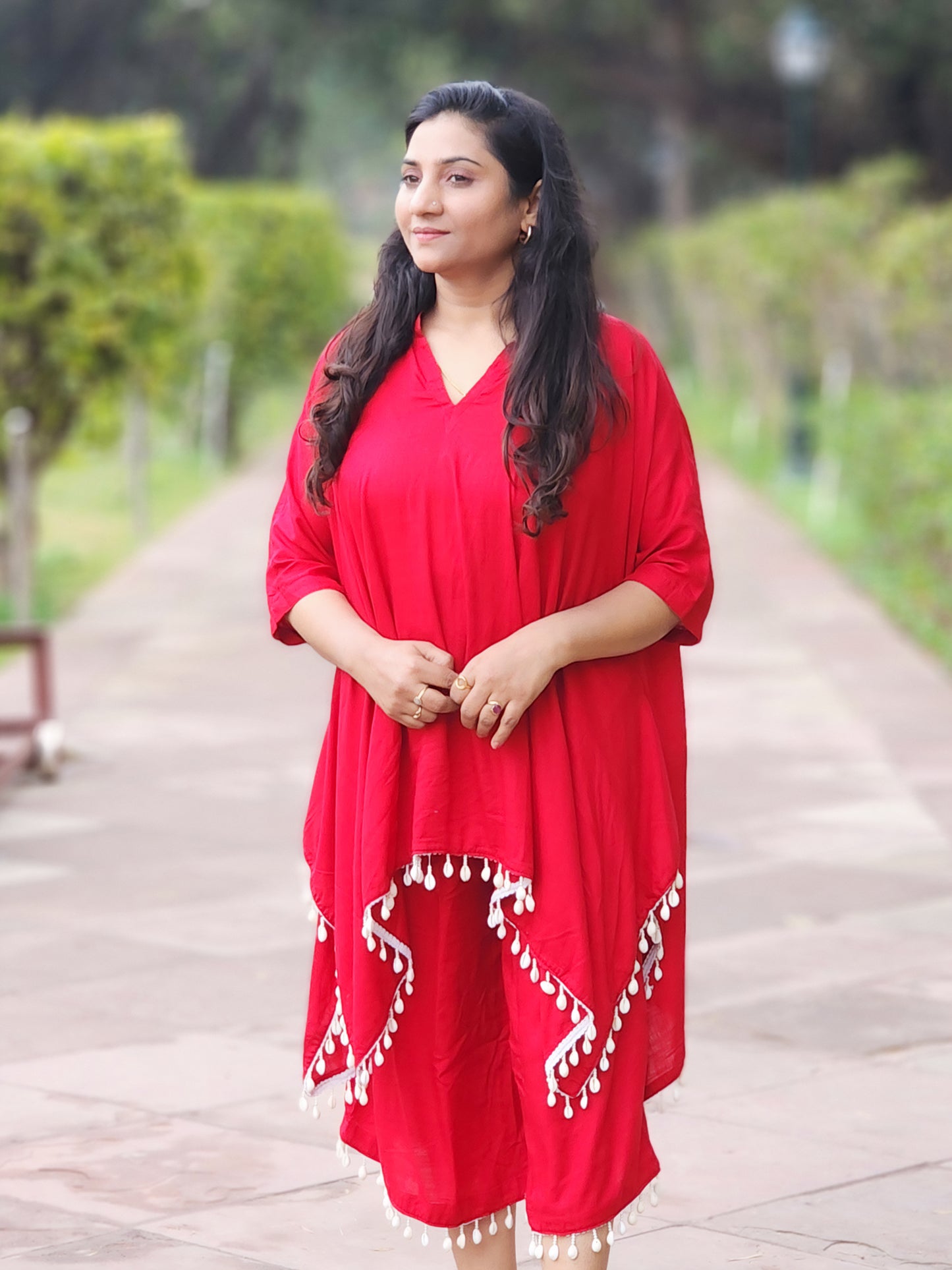 Rayon Vibrant Red Kaftan Capri Palazzo Set – Maternity-Friendly Bohemian Ethnic (S–5XL)