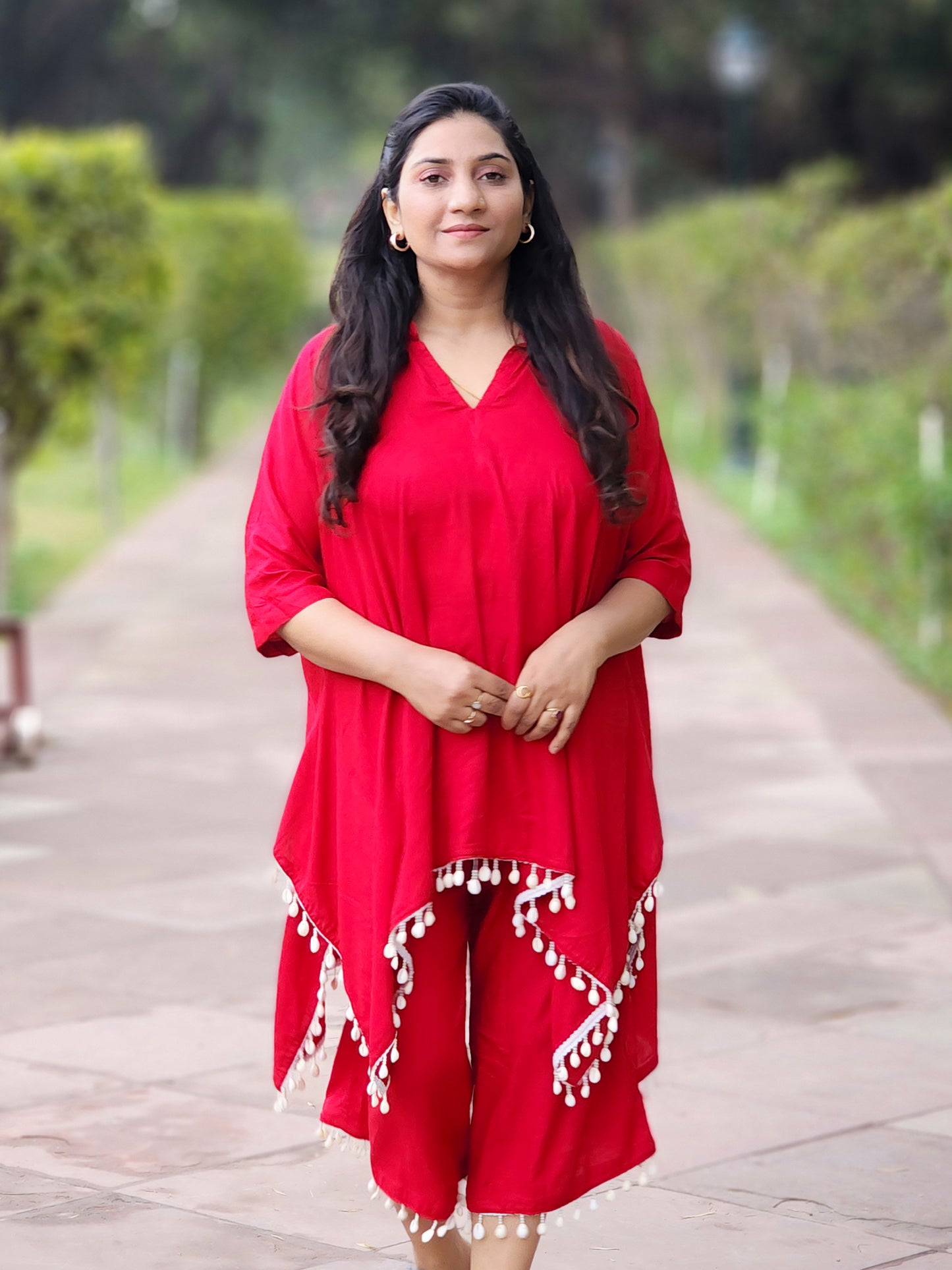 Rayon Vibrant Red Kaftan Capri Palazzo Set – Maternity-Friendly Bohemian Ethnic (S–5XL)