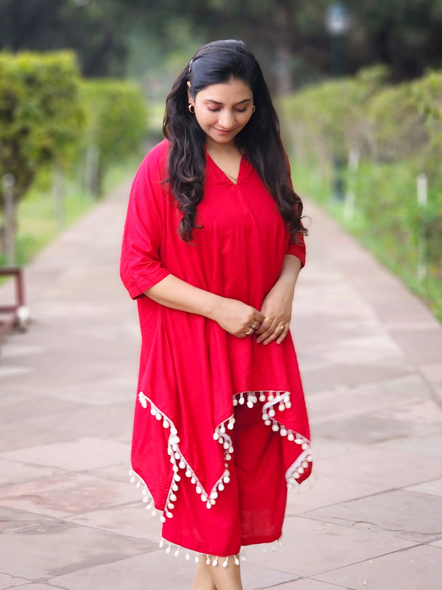 Rayon Vibrant Red Kaftan Capri Palazzo Set – Maternity-Friendly Bohemian Ethnic (S–5XL)