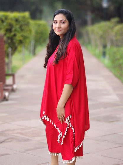 Rayon Vibrant Red Kaftan Capri Palazzo Set – Maternity-Friendly Bohemian Ethnic (S–5XL)