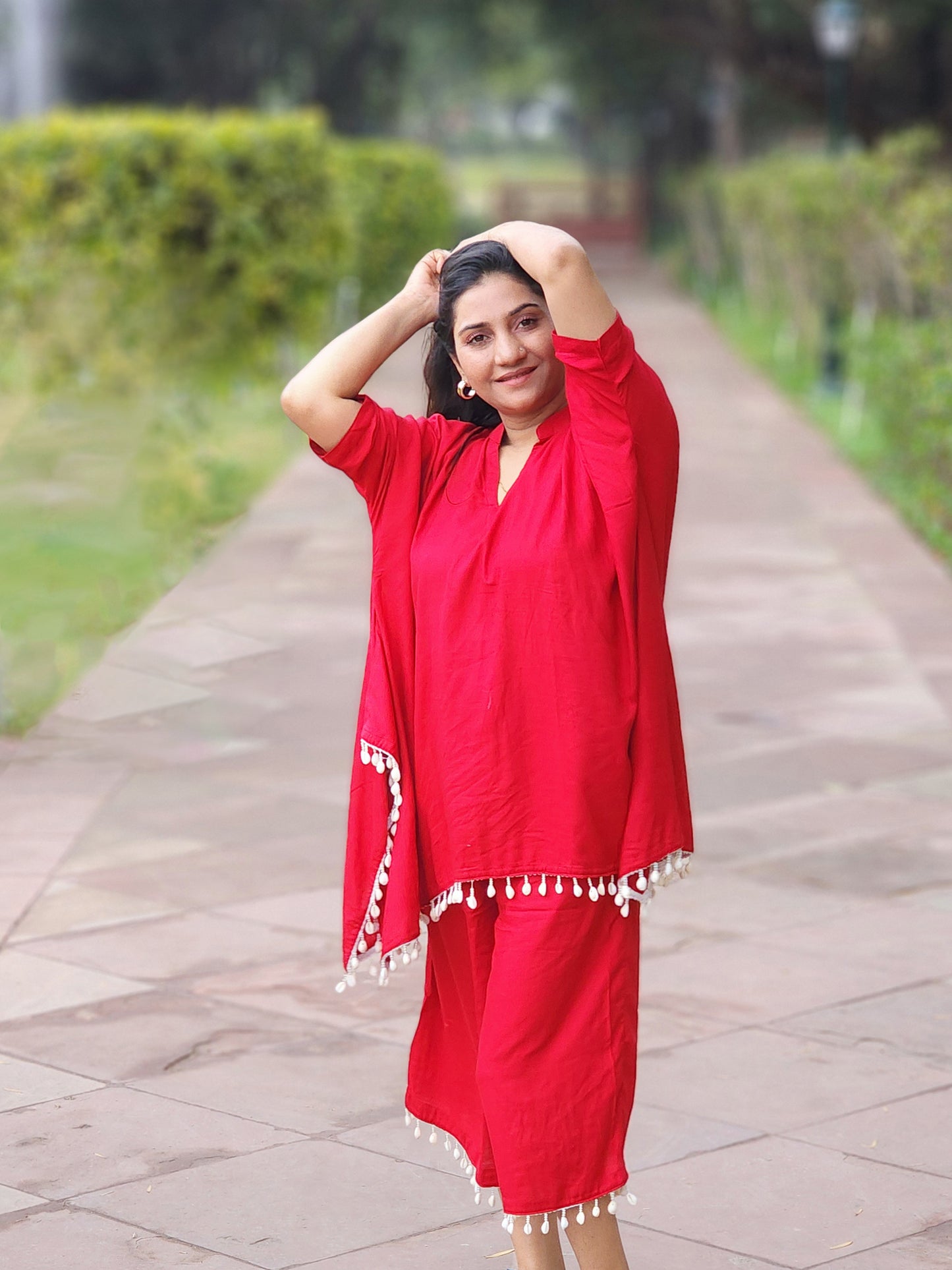 Rayon Vibrant Red Kaftan Capri Palazzo Set – Maternity-Friendly Bohemian Ethnic (S–5XL)