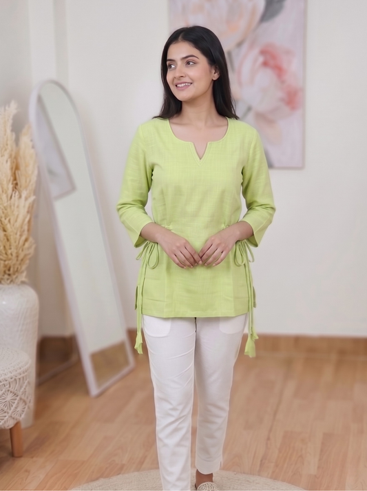 Cotton Pastel Green Drawstring Kurti – Relaxed Everyday Bohemian Ethnic  (Only Kurti) (S–5XL)