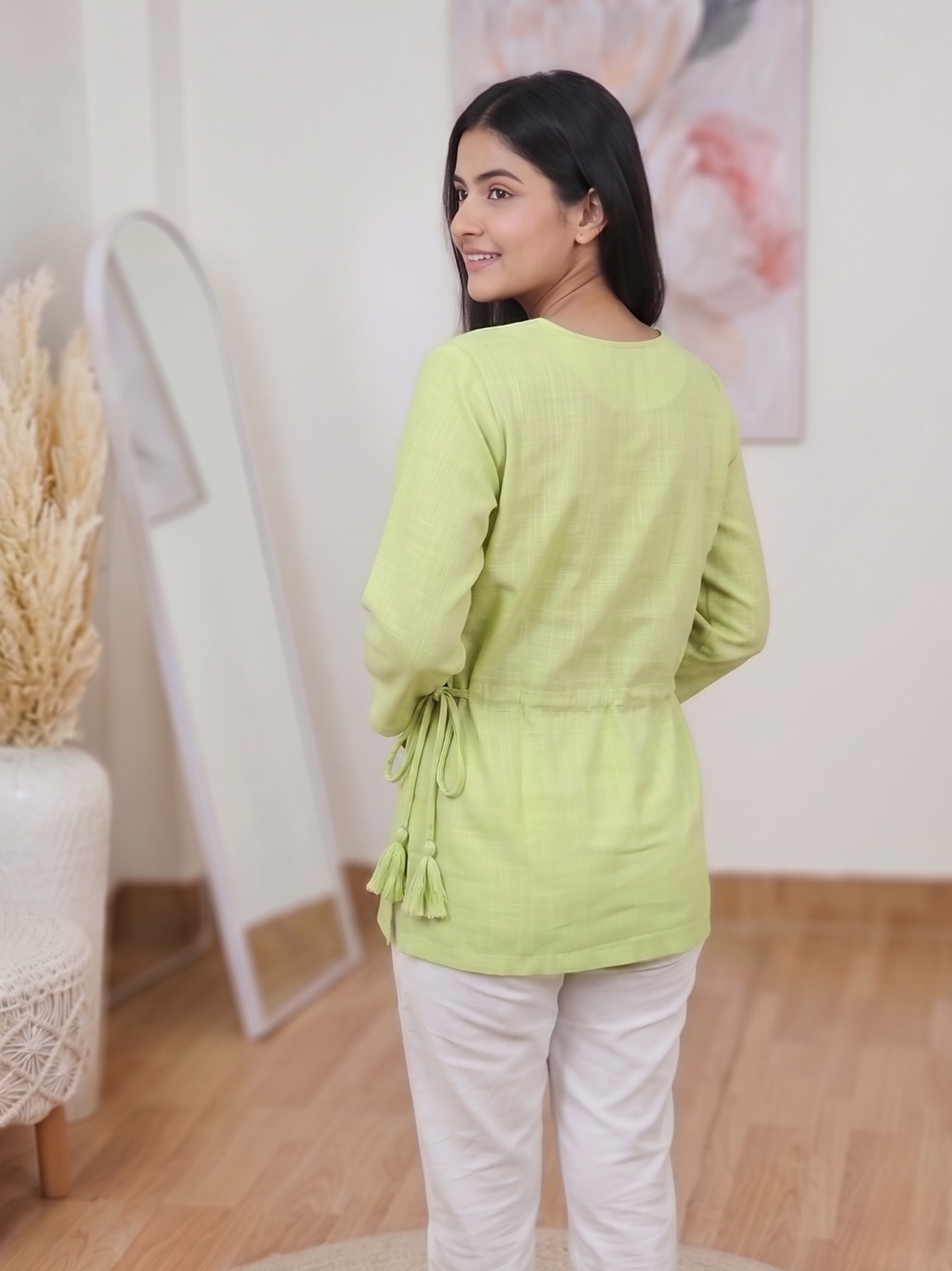 Cotton Pastel Green Drawstring Kurti – Relaxed Everyday Bohemian Ethnic  (Only Kurti) (S–5XL)