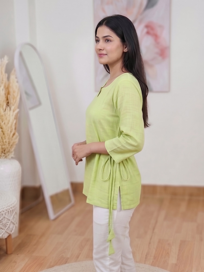 Cotton Pastel Green Drawstring Kurti – Relaxed Everyday Bohemian Ethnic  (Only Kurti) (S–5XL)