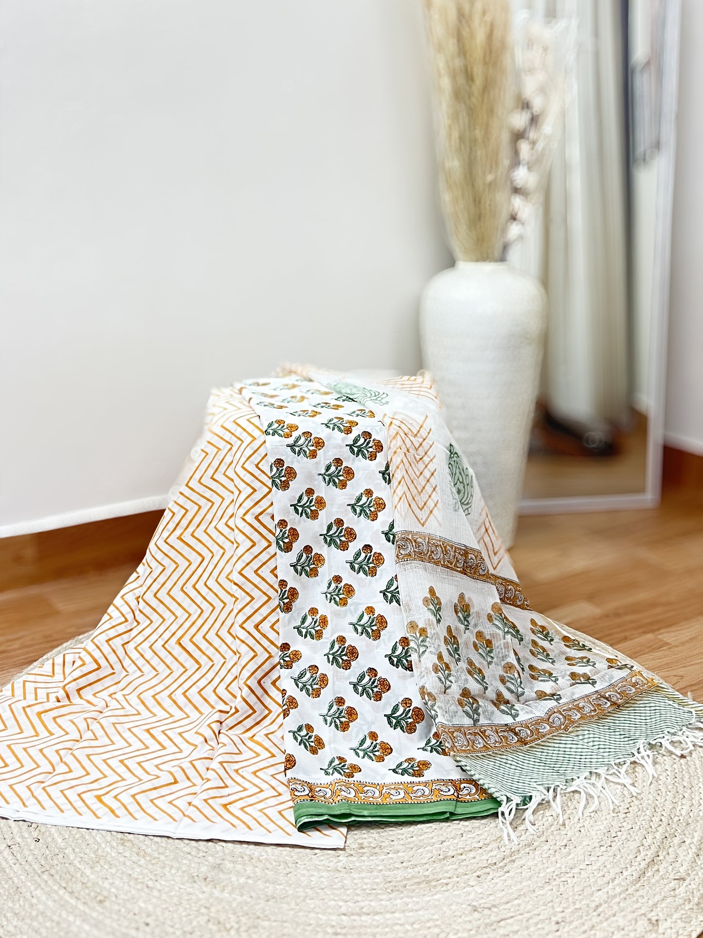 Pure Cotton Saffron Floral Chevron Unstitched Suit Set – Block Print Ethnic Versatile