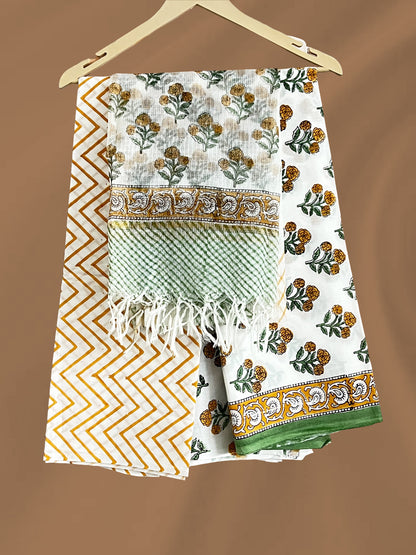 Pure Cotton Saffron Floral Chevron Unstitched Suit Set – Block Print Ethnic Versatile