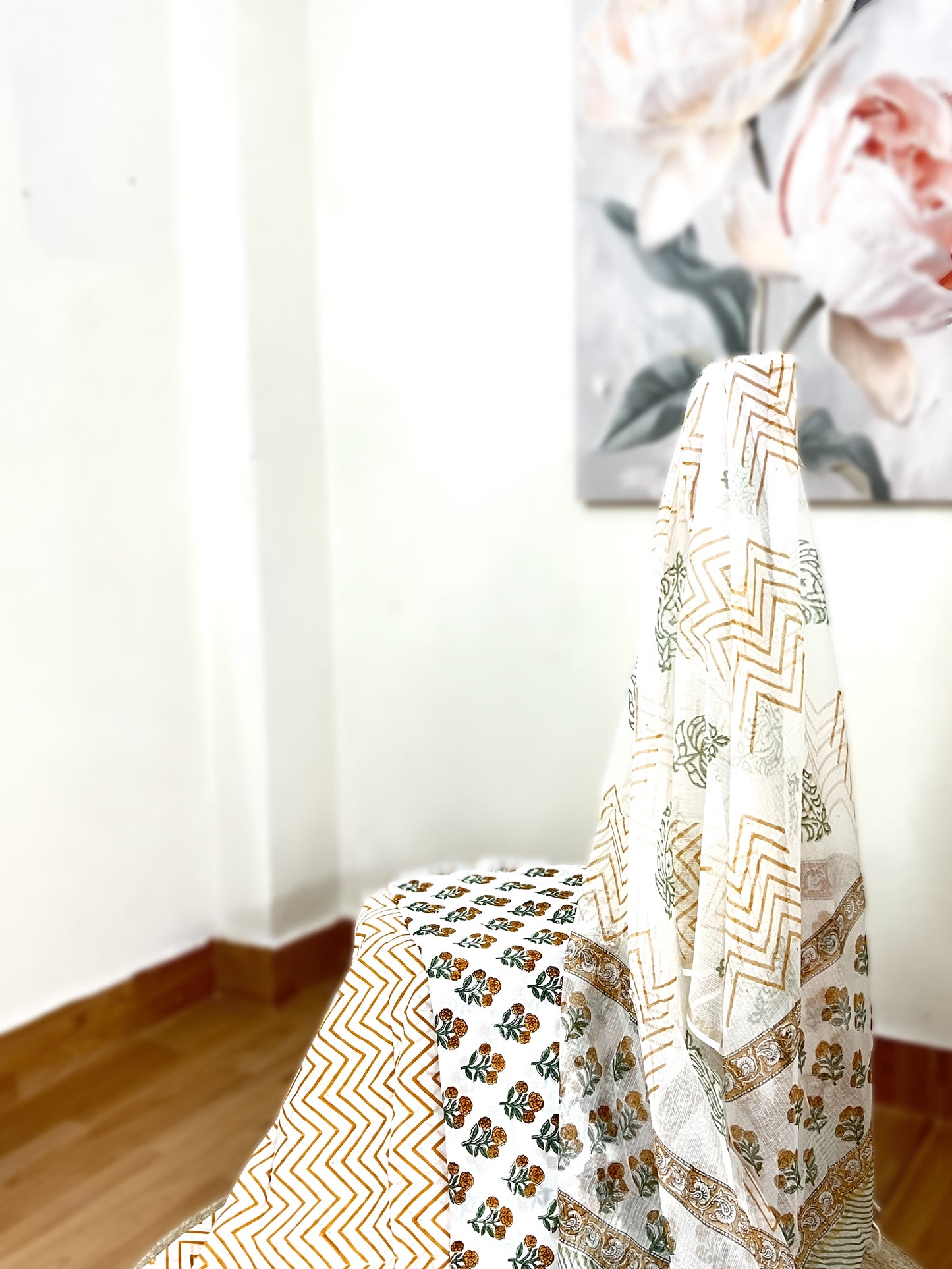 Pure Cotton Saffron Floral Chevron Unstitched Suit Set – Block Print Ethnic Versatile