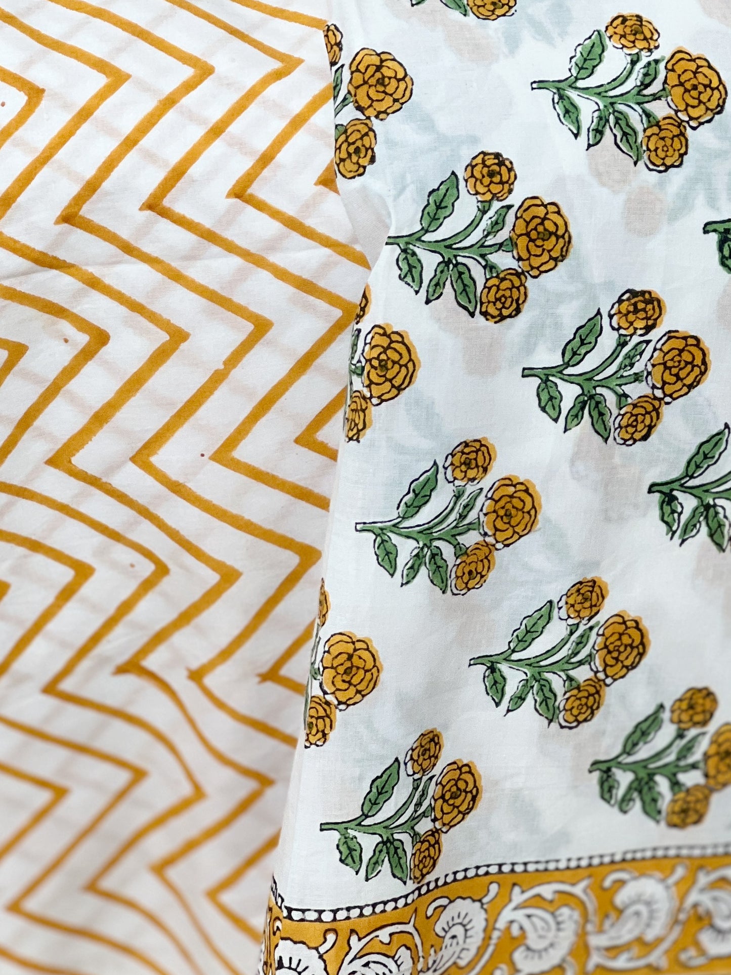 Pure Cotton Saffron Floral Chevron Unstitched Suit Set – Block Print Ethnic Versatile