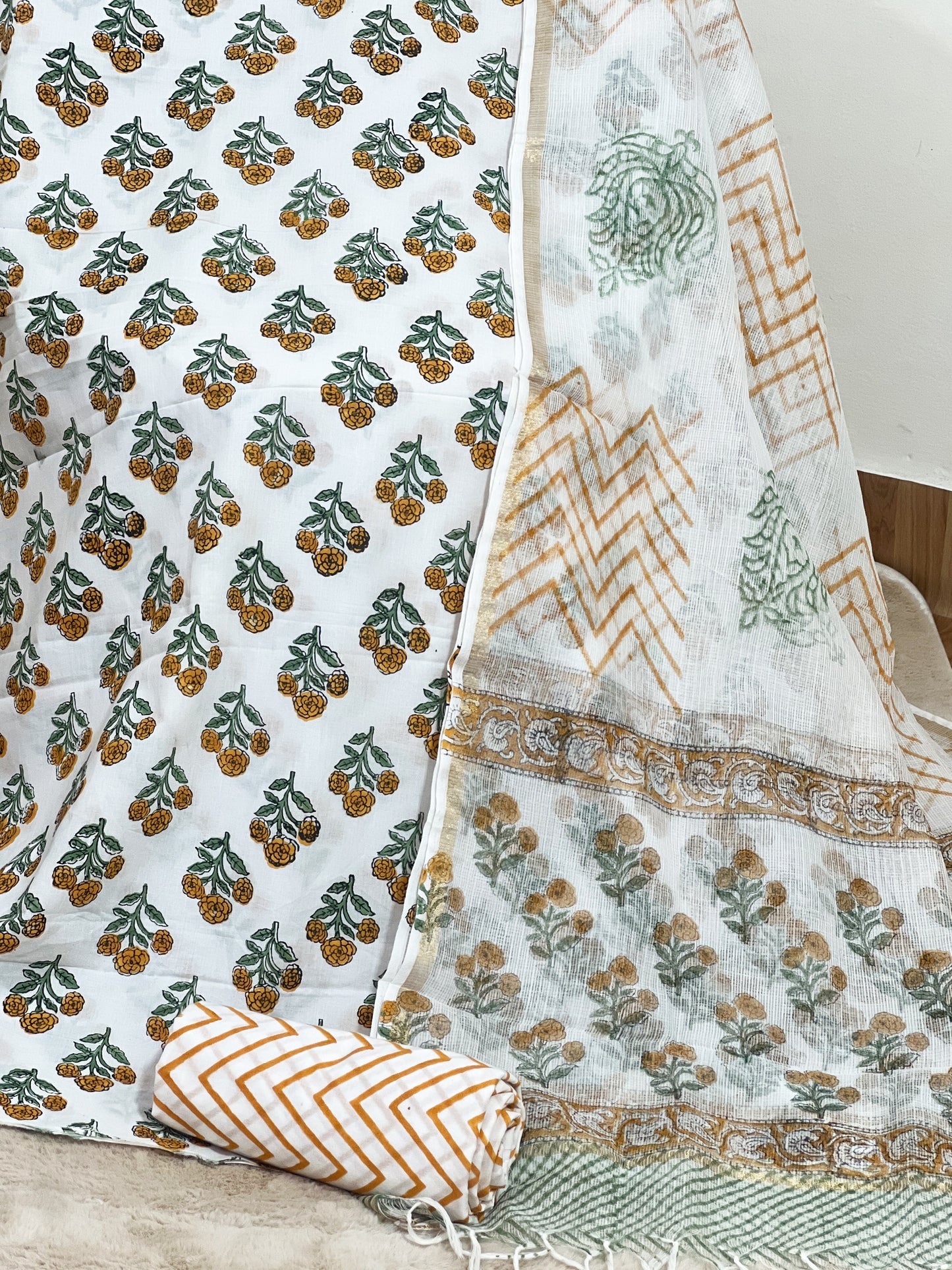 Cotton Pure Saffron Floral Chevron Unstitched Suit Set – Vibrant Artisanal Ethnic Versatility