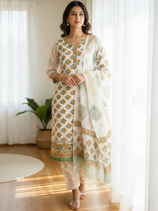 Cotton Pure Saffron Floral Chevron Unstitched Suit Set – Vibrant Artisanal Ethnic Versatility