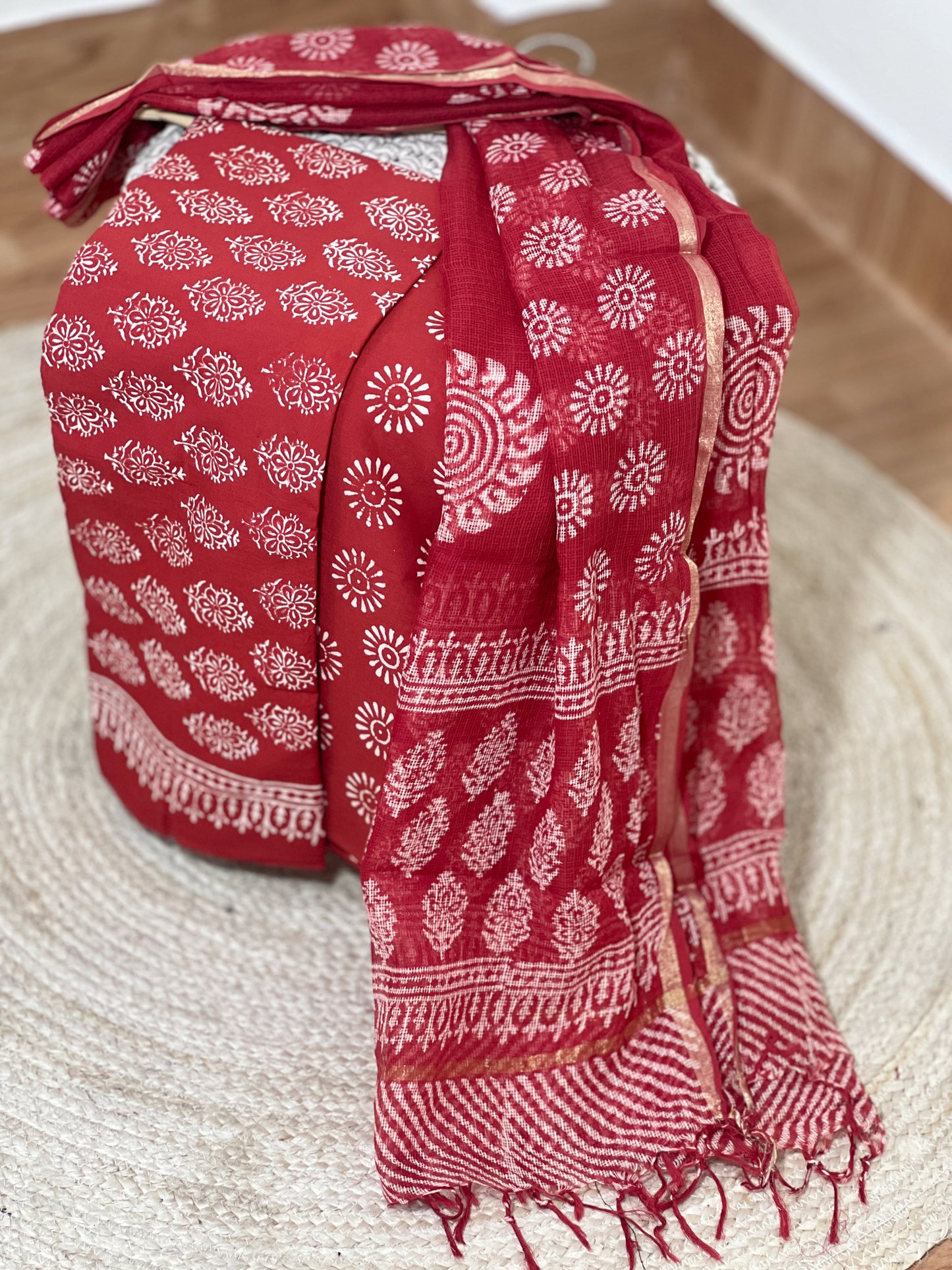 Cotton Red Hand-Block Unstitched Suit Material – Vibrant Artisanal Ethnic Versatility