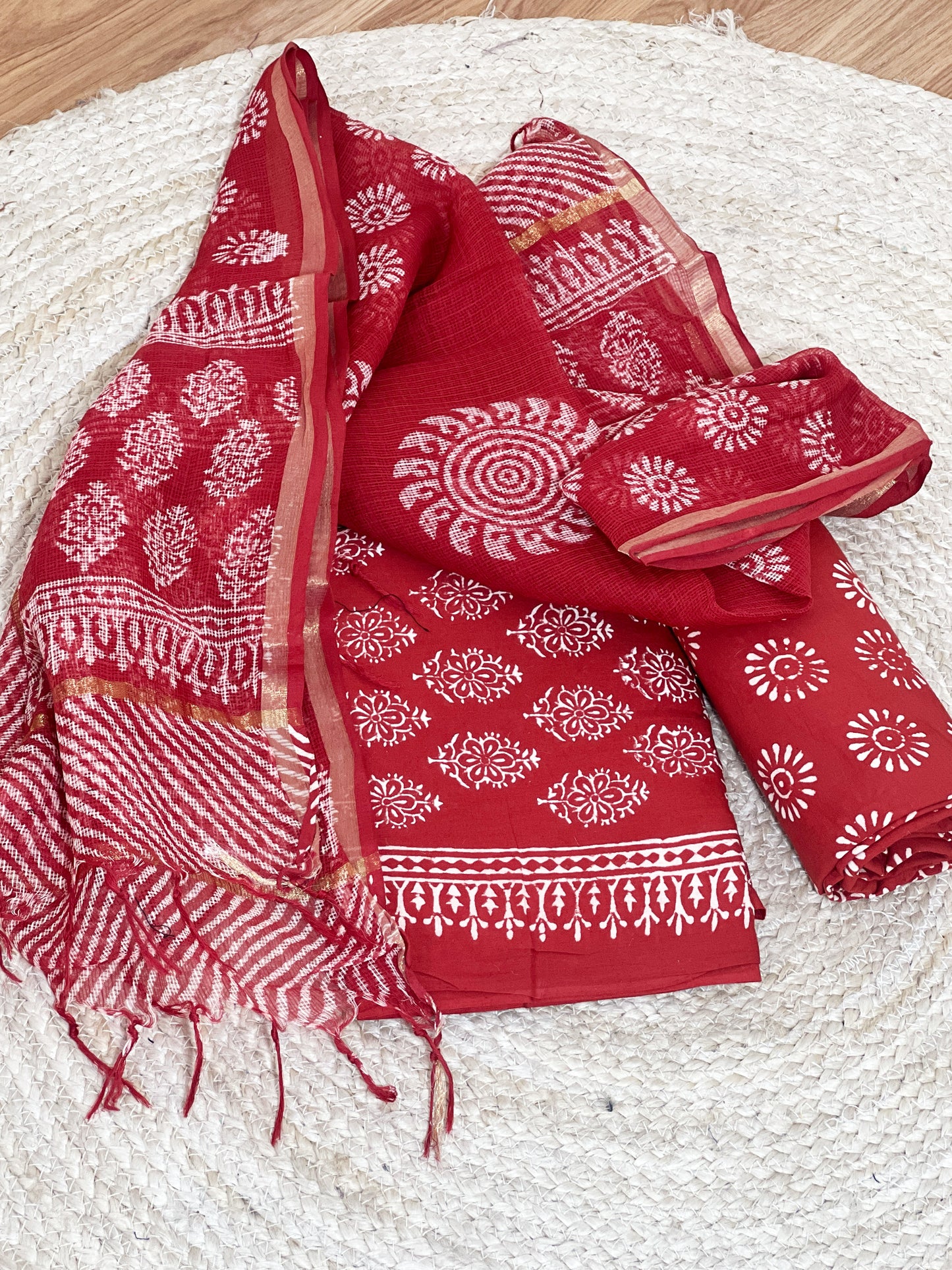 Cotton Red Hand-Block Unstitched Suit Material – Vibrant Artisanal Ethnic Versatility