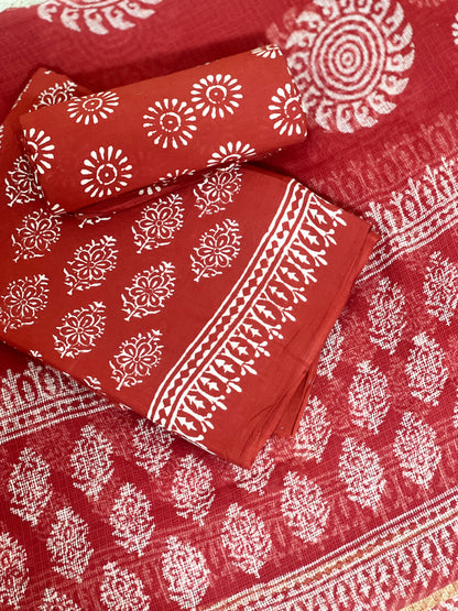 Cotton Red Hand-Block Unstitched Suit Material – Vibrant Artisanal Ethnic Versatility