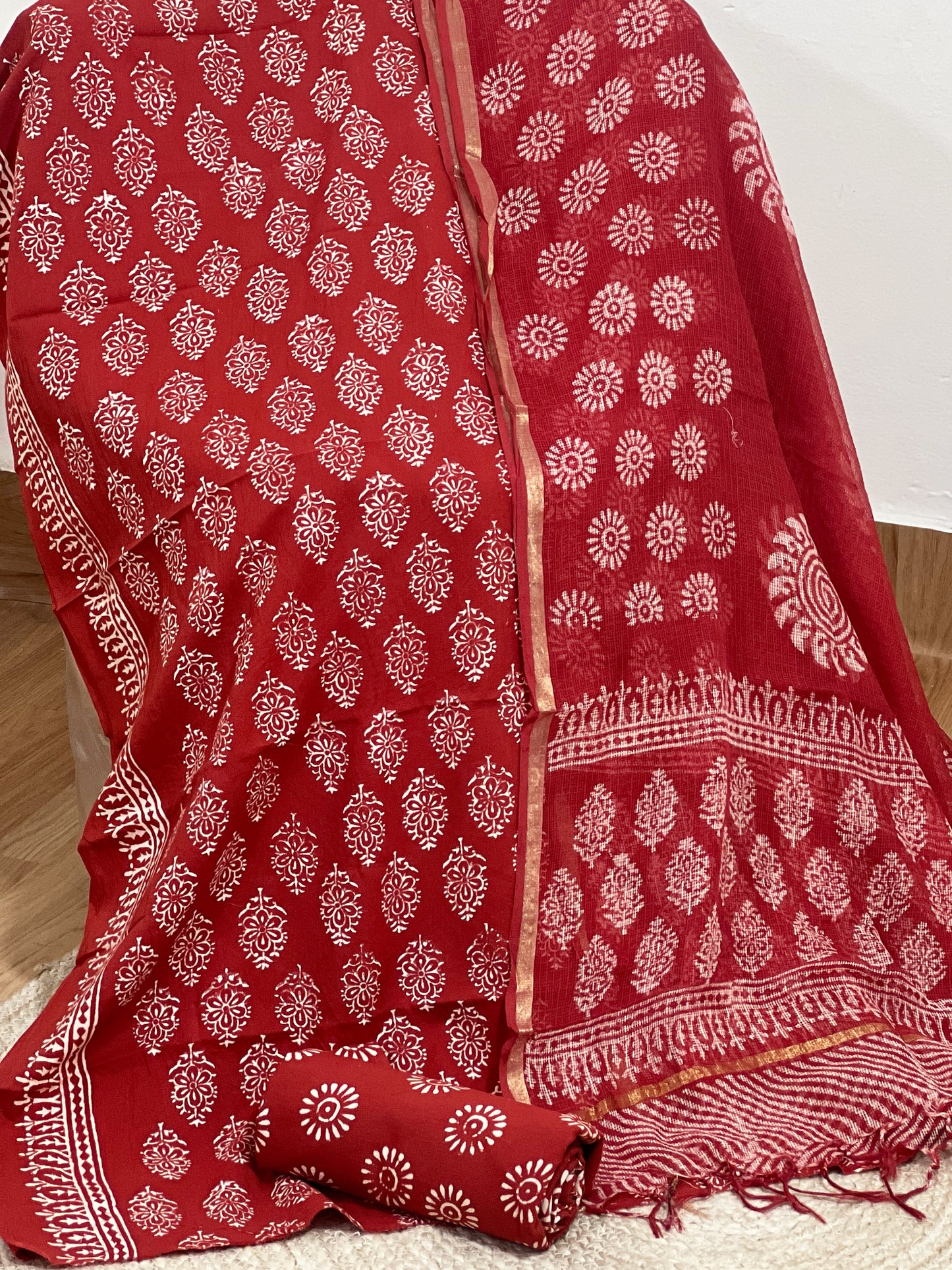 Cotton Red Hand-Block Unstitched Suit Material – Vibrant Artisanal Ethnic Versatility