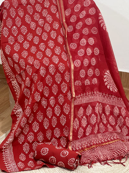 Cotton Red Hand-Block Unstitched Suit Material – Vibrant Artisanal Ethnic Versatility