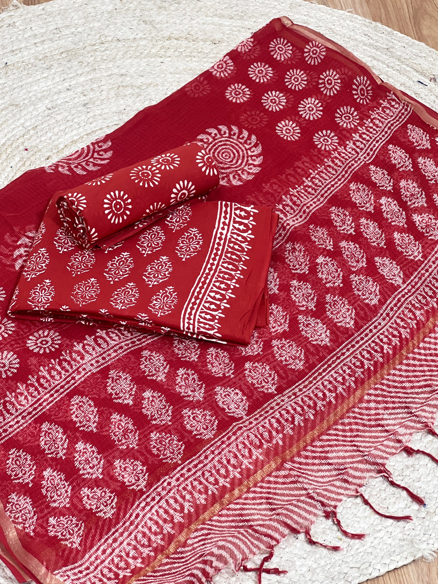 Cotton Red Hand-Block Unstitched Suit Material – Vibrant Artisanal Ethnic Versatility