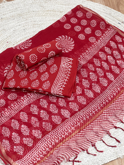 Cotton Red Hand-Block Unstitched Suit Material – Vibrant Artisanal Ethnic Versatility