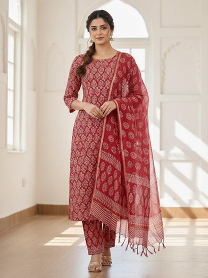 Cotton Red Hand-Block Unstitched Suit Material – Vibrant Artisanal Ethnic Versatility