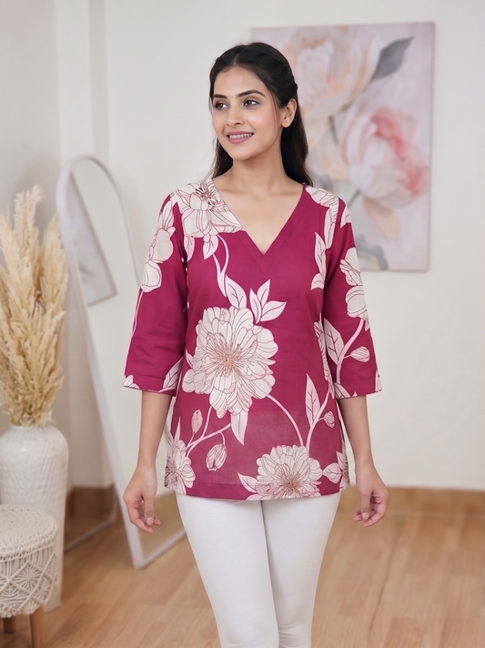 Cotton Royal Wine Botanical Kurti – Luxe Nature-Inspired Ethnic Elegance (Only Kurti) (S–5XL)