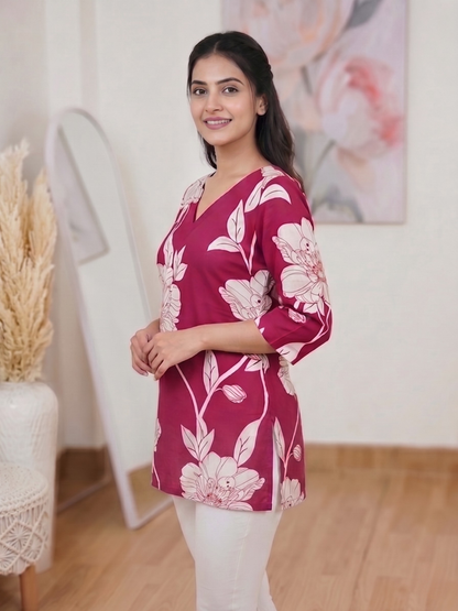 Cotton Royal Wine Botanical Kurti – Luxe Nature-Inspired Ethnic Elegance (Only Kurti) (S–5XL)