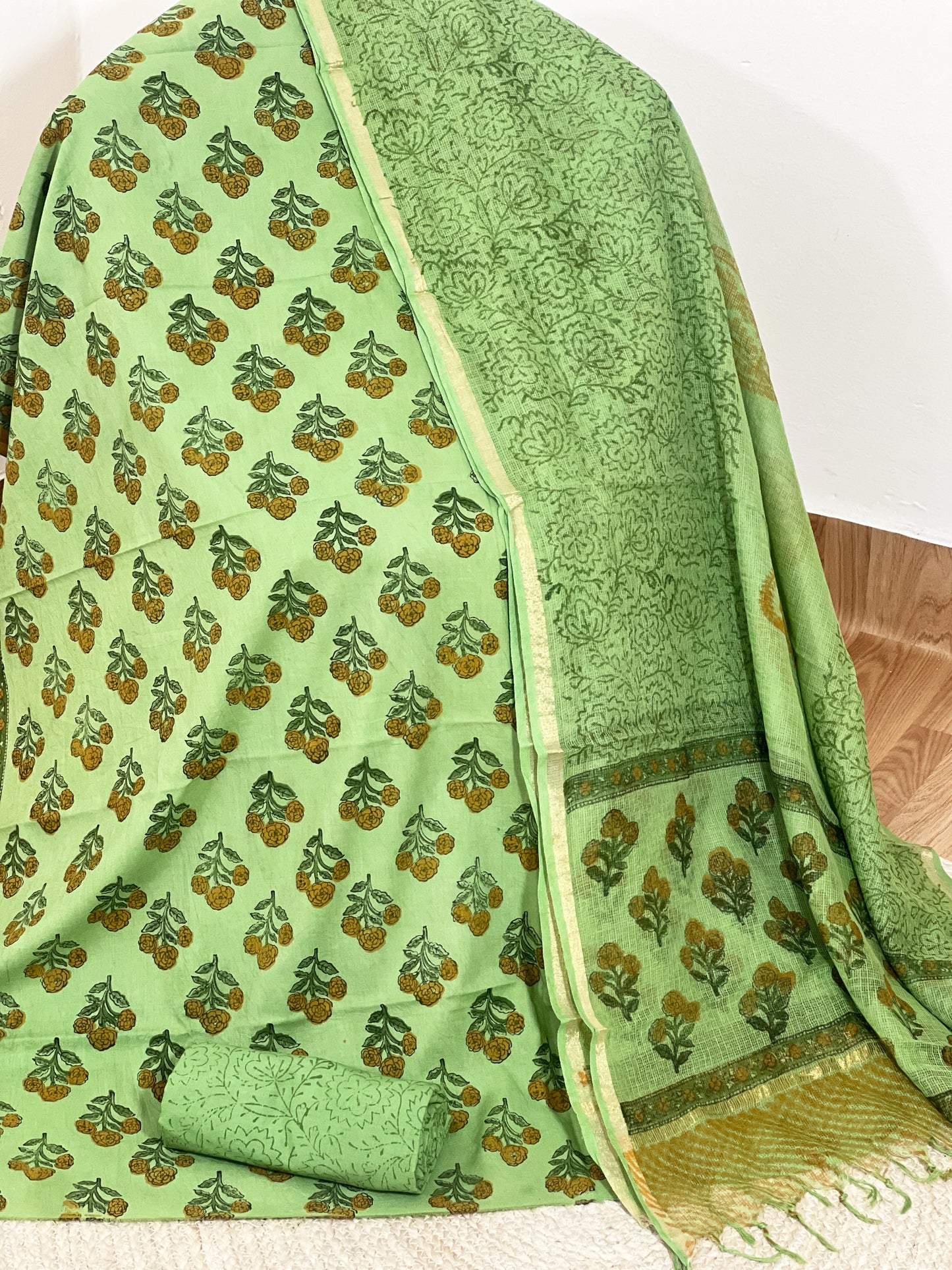 Cotton Mehandi Bloom Hand-Block Unstitched Suit Material – Festive Floral Artisanal Ethnic