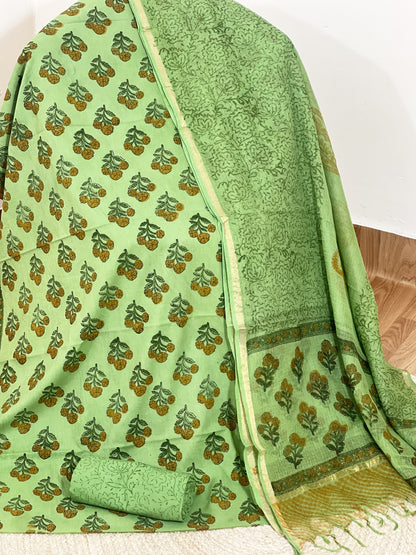 Cotton Mehandi Bloom Hand-Block Unstitched Suit Material – Festive Floral Artisanal Ethnic