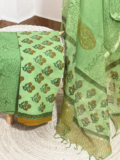 Cotton Mehandi Bloom Hand-Block Unstitched Suit Material – Festive Floral Artisanal Ethnic