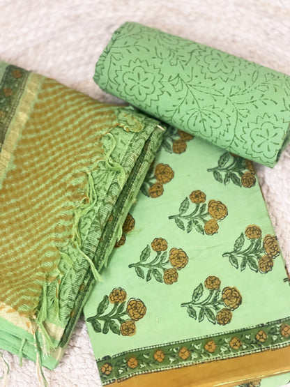 Cotton Mehandi Bloom Hand-Block Unstitched Suit Material – Festive Floral Artisanal Ethnic