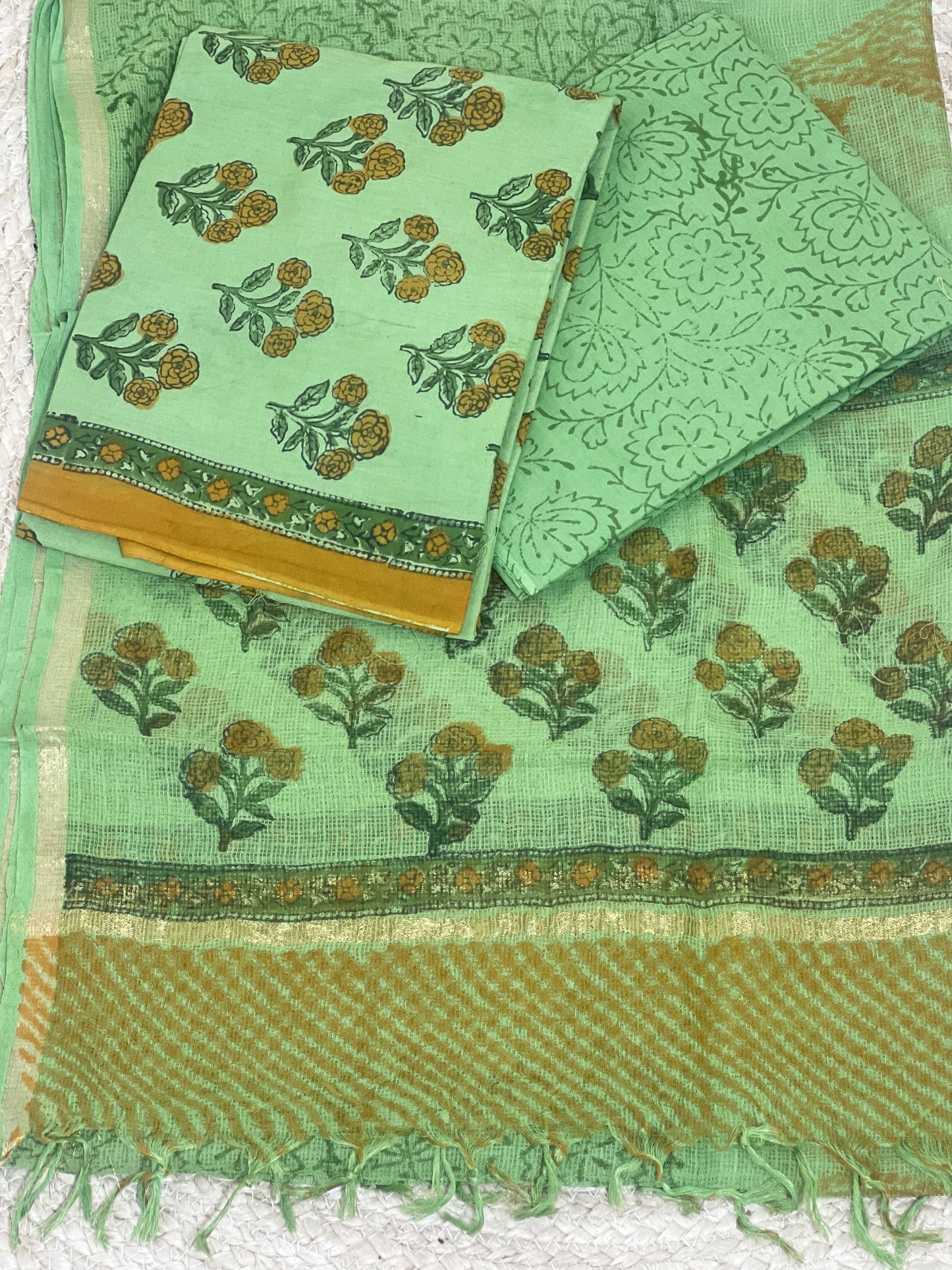 Cotton Mehandi Bloom Hand-Block Unstitched Suit Material – Festive Floral Artisanal Ethnic