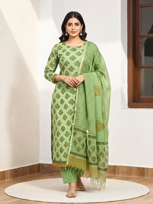 Cotton Mehandi Bloom Hand-Block Unstitched Suit Material – Festive Floral Artisanal Ethnic