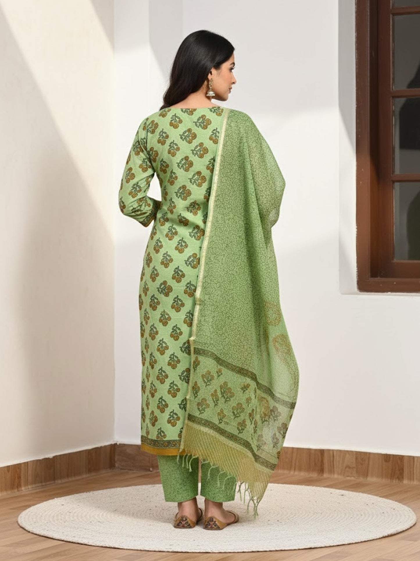 Cotton Mehandi Bloom Hand-Block Unstitched Suit Material – Festive Floral Artisanal Ethnic