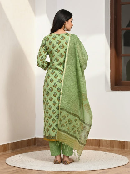 Cotton Mehandi Bloom Hand-Block Unstitched Suit Material – Festive Floral Artisanal Ethnic