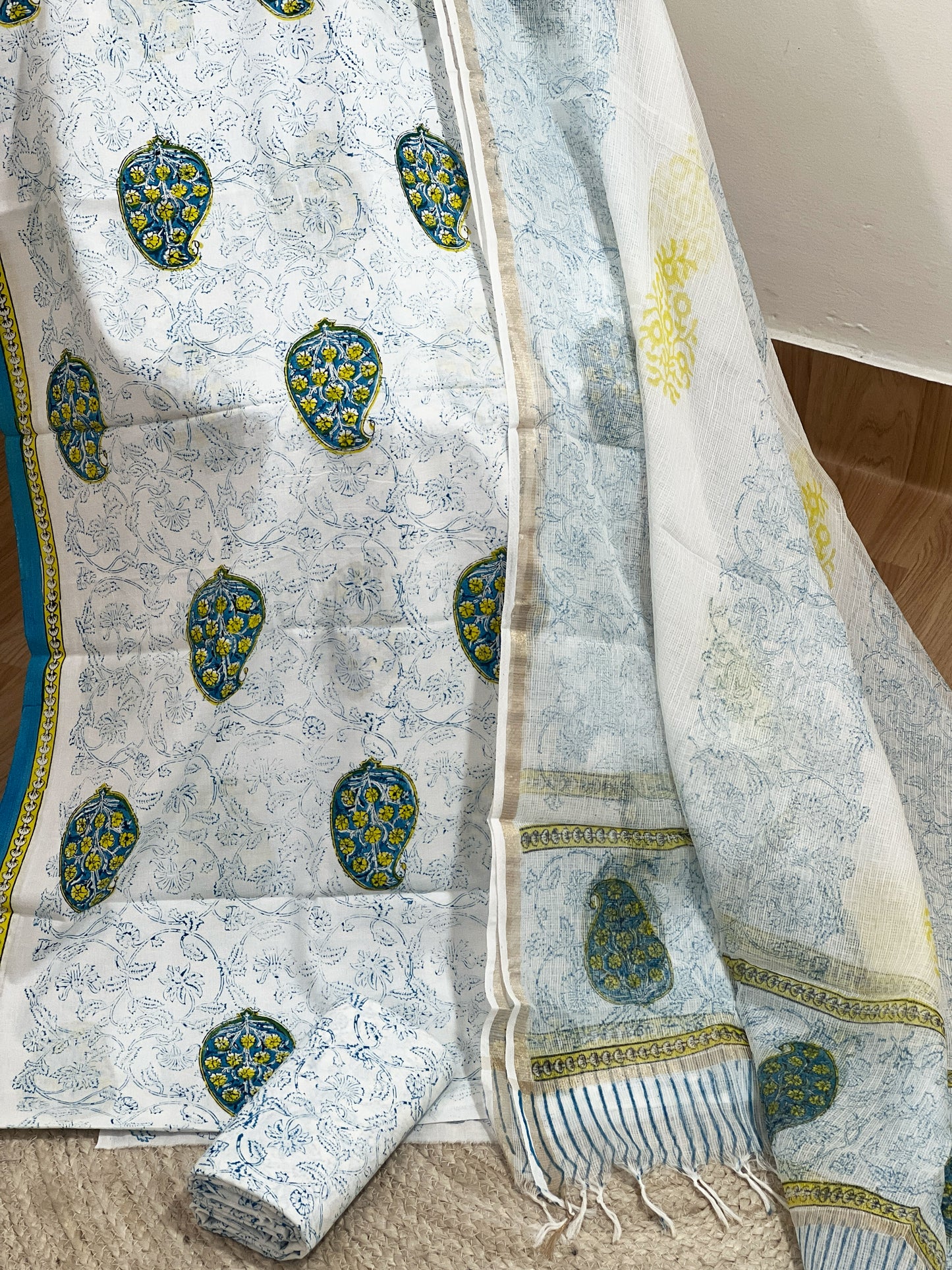 Cotton Pearl White Hand-Block Unstitched Suit Material – Timeless Artisanal Ethnic Purity