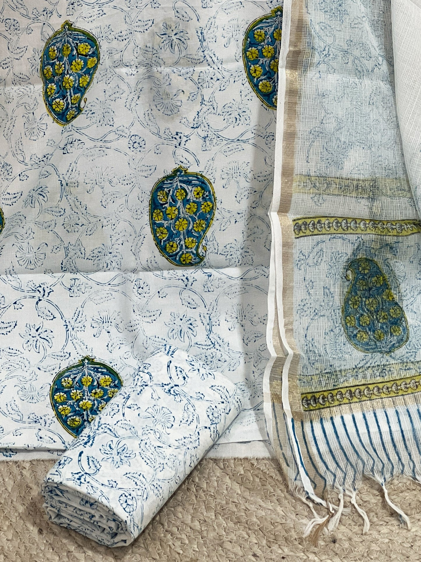 Cotton Pearl White Hand-Block Unstitched Suit Material – Timeless Artisanal Ethnic Purity