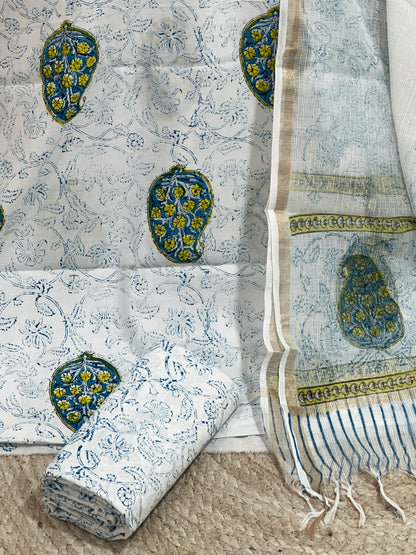 Cotton Pearl White Hand-Block Unstitched Suit Material – Timeless Artisanal Ethnic Purity
