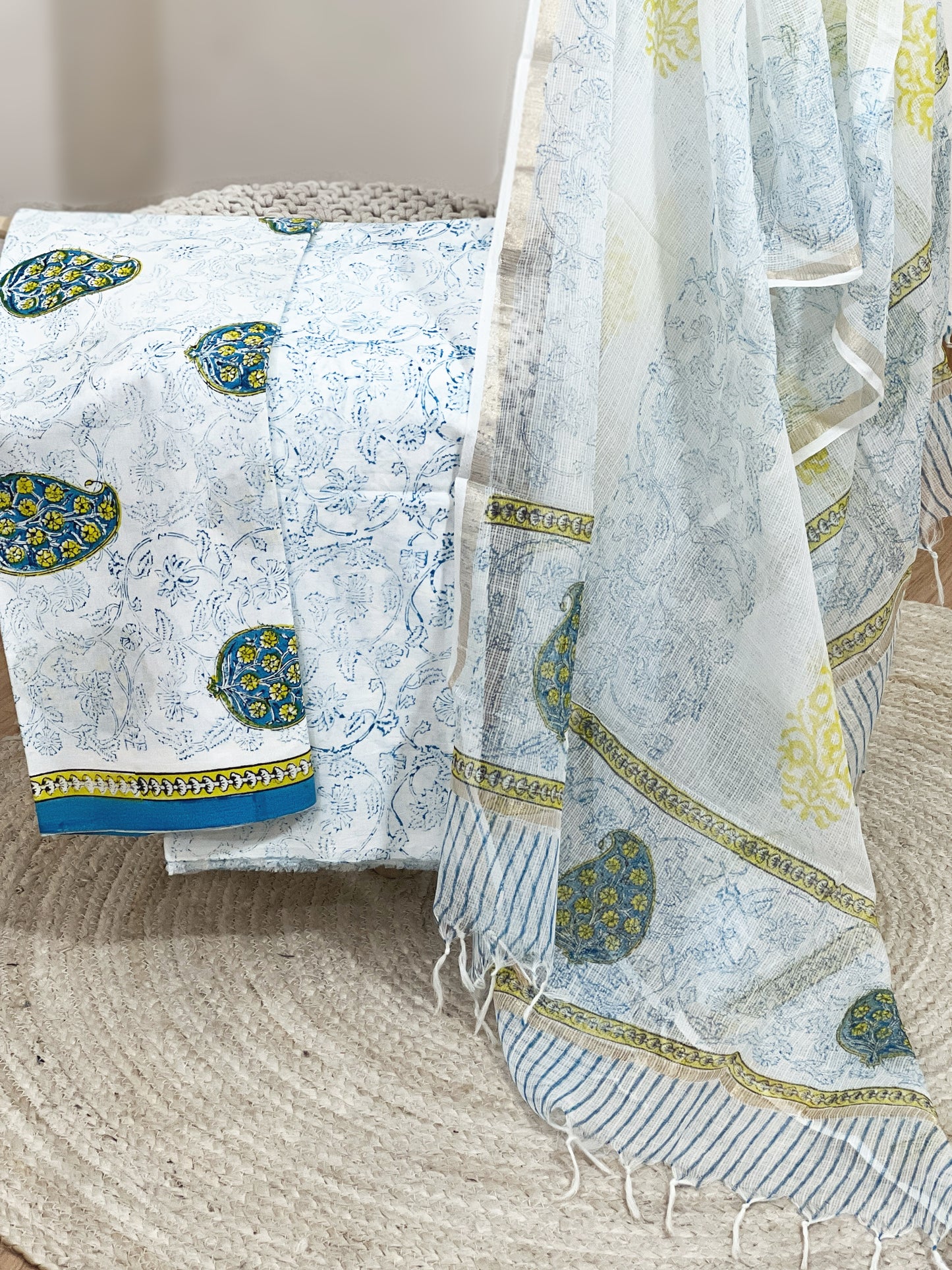 Cotton Pearl White Hand-Block Unstitched Suit Material – Timeless Artisanal Ethnic Purity