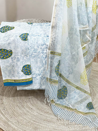 Cotton Pearl White Hand-Block Unstitched Suit Material – Timeless Artisanal Ethnic Purity