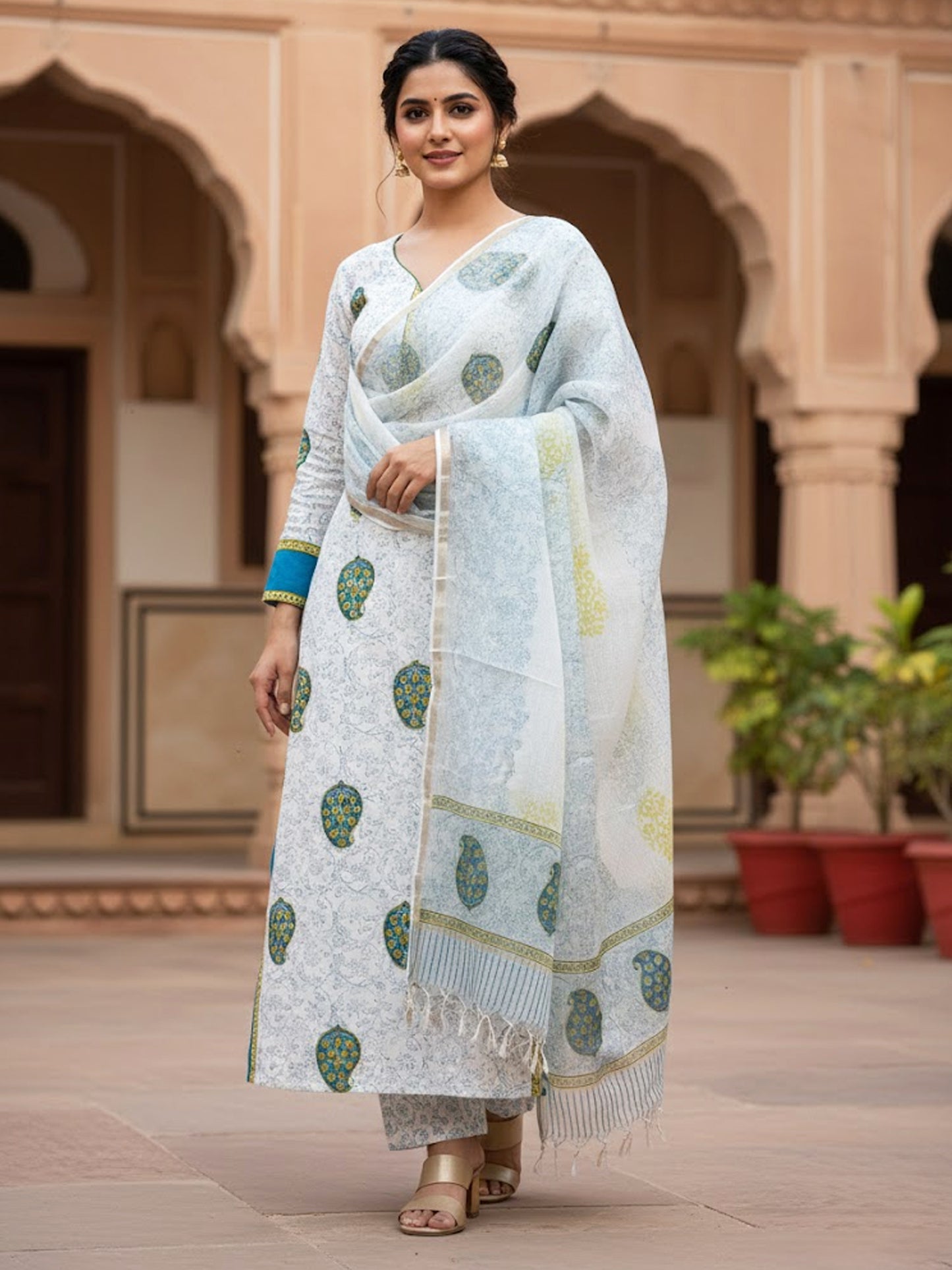 Cotton Pearl White Hand-Block Unstitched Suit Material – Timeless Artisanal Ethnic Purity