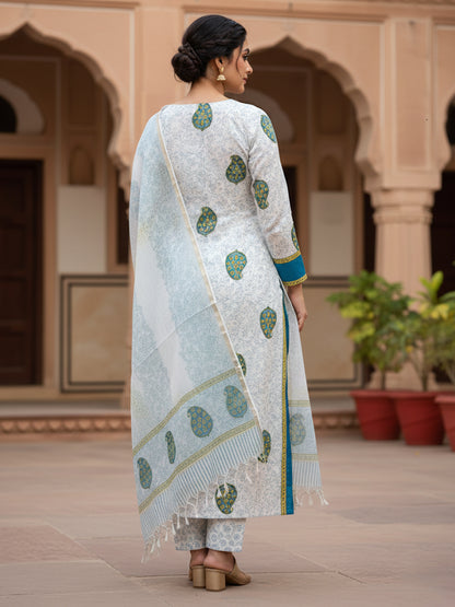 Cotton Pearl White Hand-Block Unstitched Suit Material – Timeless Artisanal Ethnic Purity