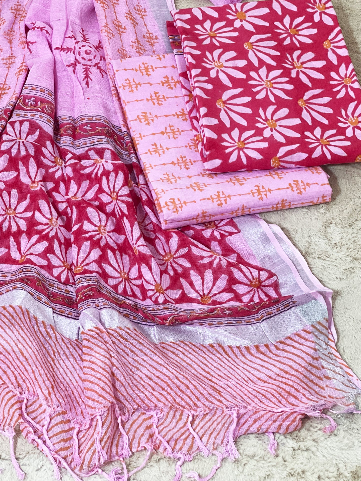 Cotton Pink Petal Hand-Block Unstitched Suit – Artisanal Floral Ethnic Versatility