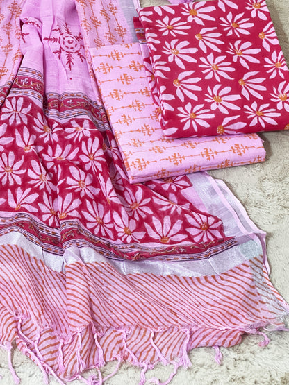 Cotton Pink Petal Hand-Block Unstitched Suit – Artisanal Floral Ethnic Versatility