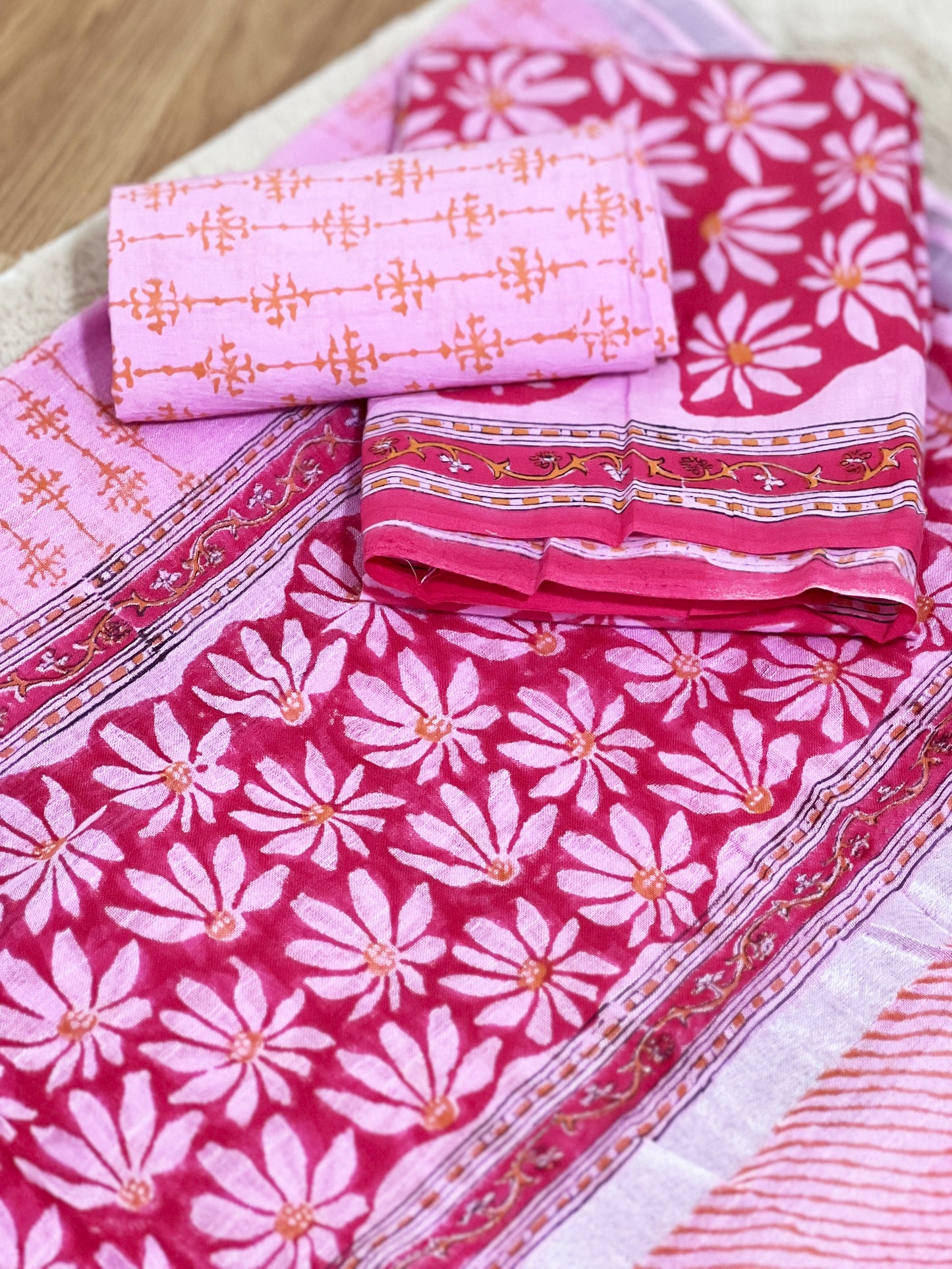 Cotton Pink Petal Hand-Block Unstitched Suit – Artisanal Floral Ethnic Versatility