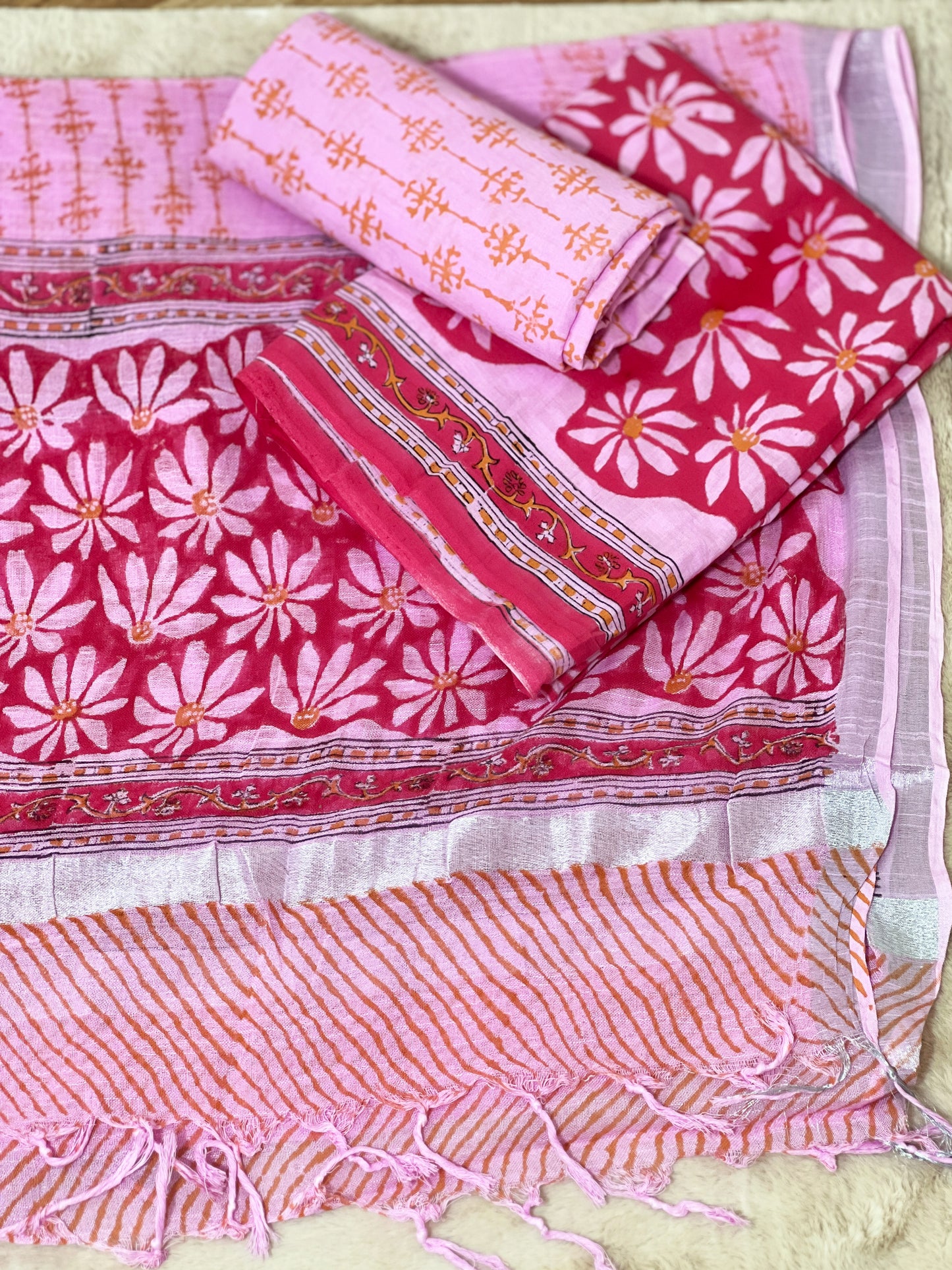 Cotton Pink Petal Hand-Block Unstitched Suit – Artisanal Floral Ethnic Versatility