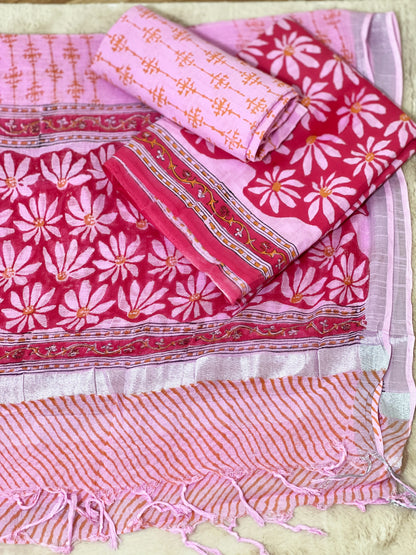 Cotton Pink Petal Hand-Block Unstitched Suit – Artisanal Floral Ethnic Versatility