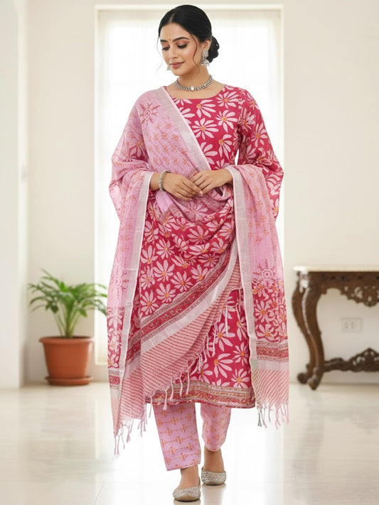 Cotton Pink Petal Hand-Block Unstitched Suit – Artisanal Floral Ethnic Versatility