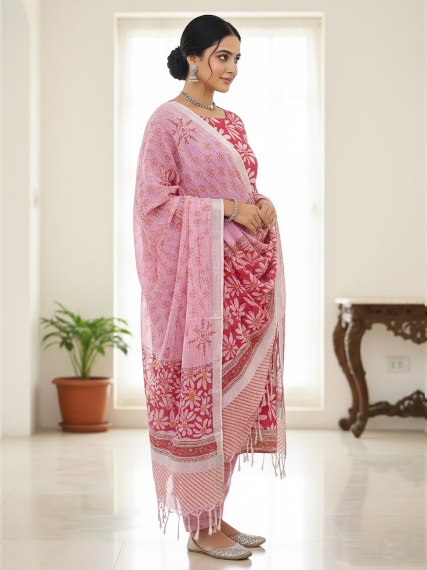 Cotton Pink Petal Hand-Block Unstitched Suit – Artisanal Floral Ethnic Versatility