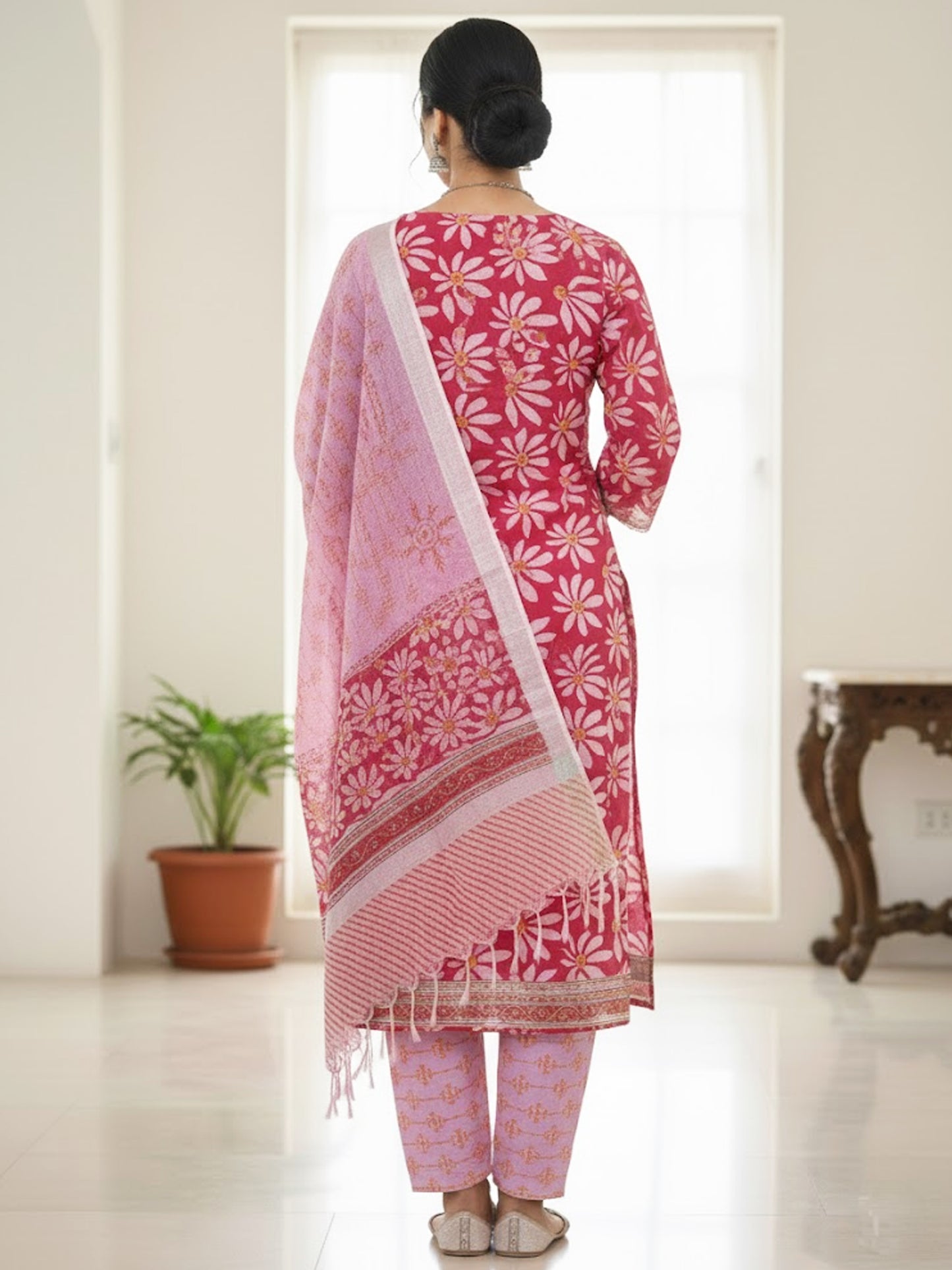 Cotton Pink Petal Hand-Block Unstitched Suit – Artisanal Floral Ethnic Versatility