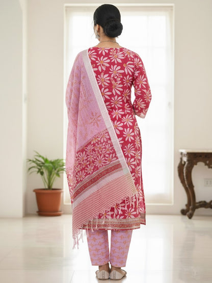 Cotton Pink Petal Hand-Block Unstitched Suit – Artisanal Floral Ethnic Versatility