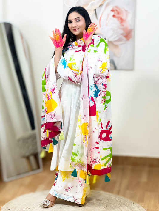 Rang Barse Holi Special Cotton A-Line Anarkali Kurta With Palazzo Pant & Dupatta – Festive Color Splash (S–5XL)