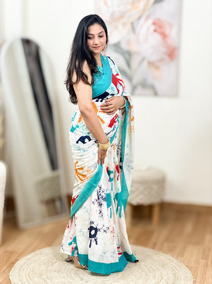 Mal Cotton Rang Barse Holi Special Colorful Saree – Holi Festive Hand-Print Ethnic